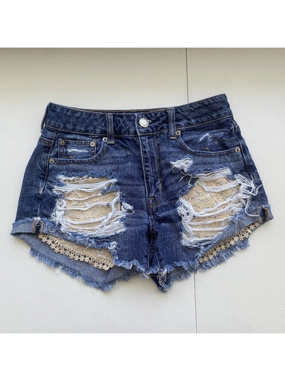 American Eagle Size 4 Hi-Rise Denim Shorts Denim Distressed Ripped Lace Western